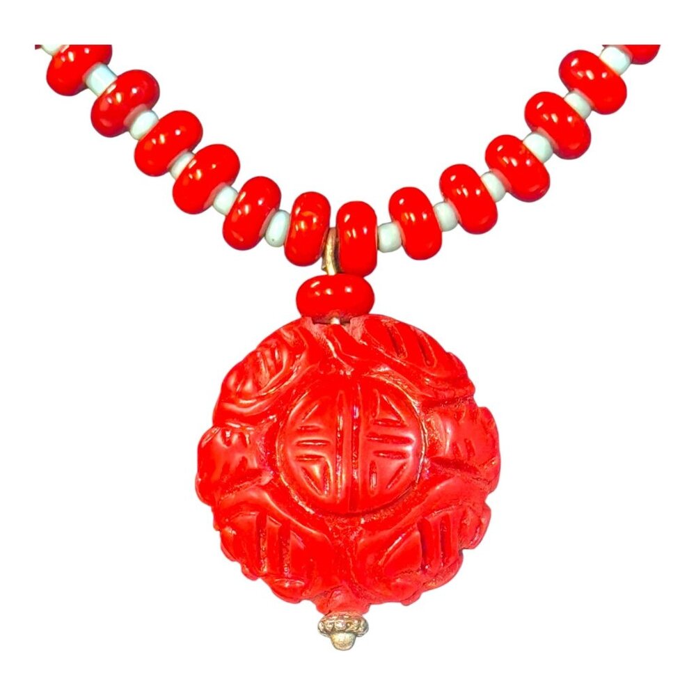 Vintage Carved Cinnabar turquoise Spacer Coral Red Beaded Necklace Pendant 21"